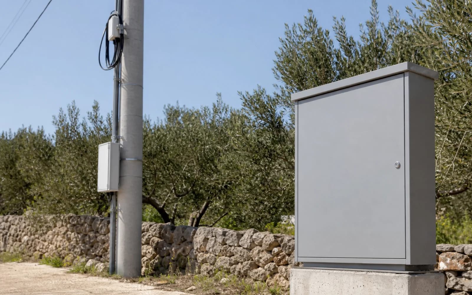 Neutralni električni stup i zatvoreni sivi metalni ormar uz masline, bez oznaka, ljudi i teksta.
