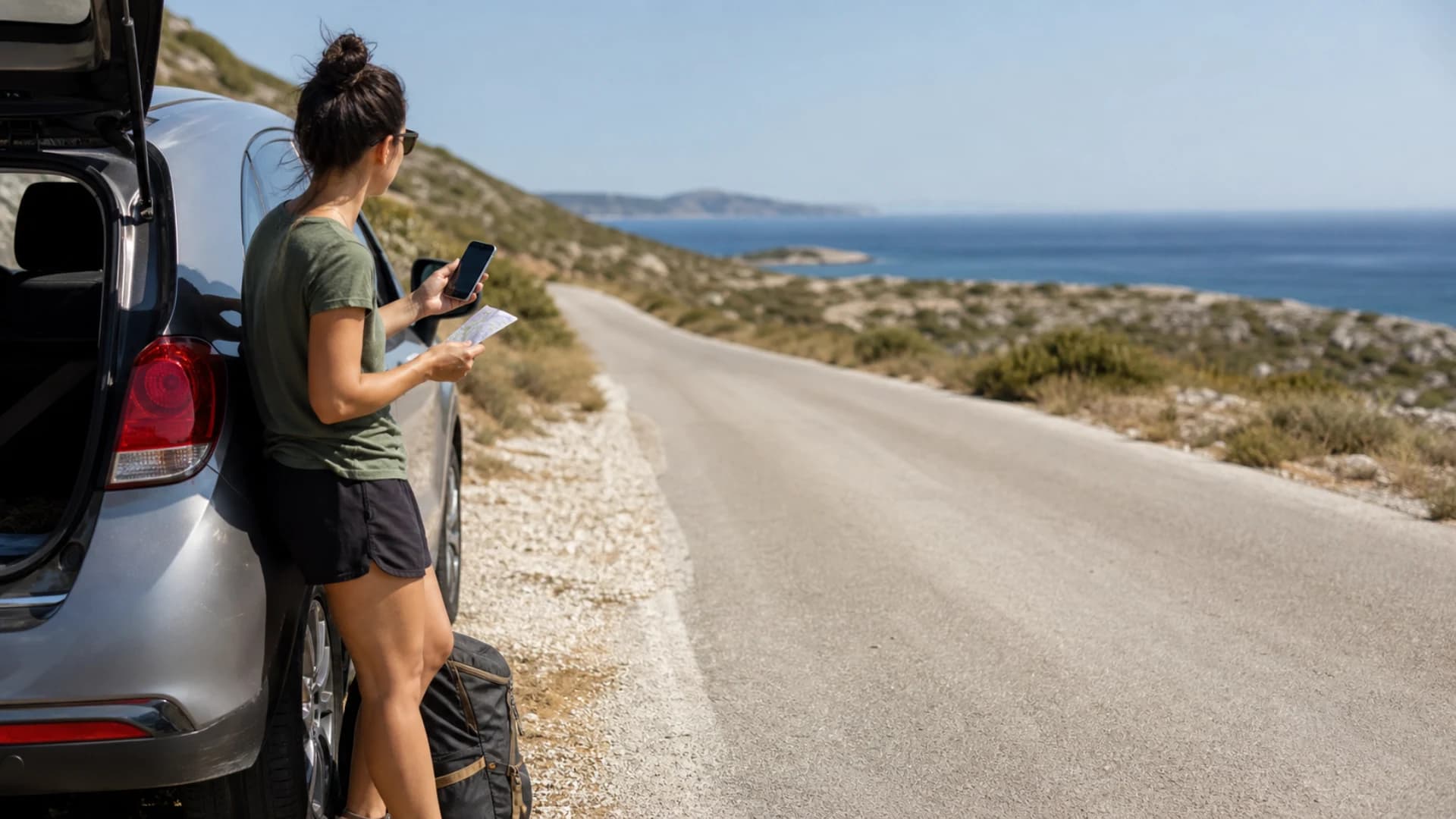 Osoba uz neoznačeni automobil drži telefon i papirnatu bilješku na generičkoj obalnoj cesti.