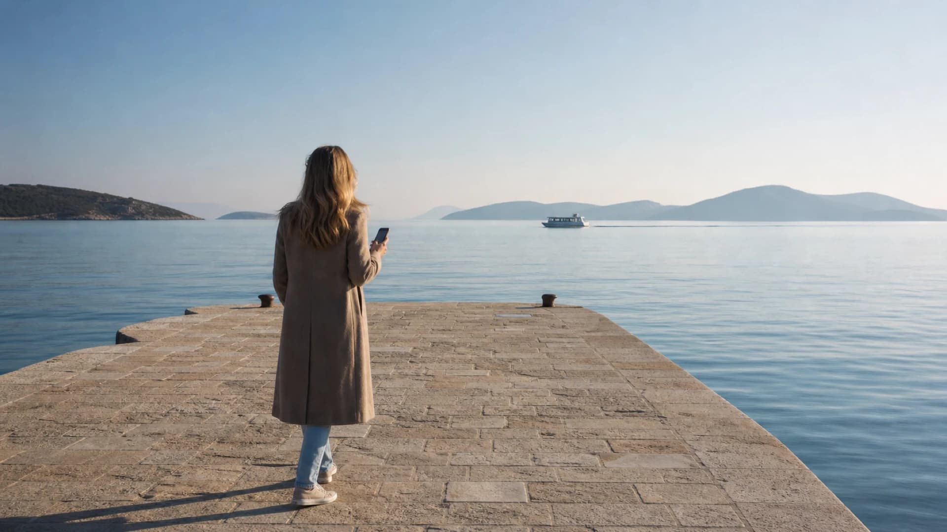 Putnica s leđa na neoznačenome pristaništu drži zatvoren telefon, uz mali brod bez oznaka u daljini.