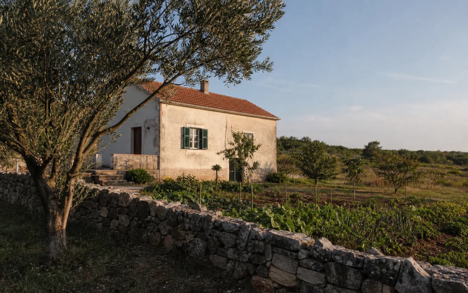 Illustrative photo for Donji Kašić, Benkovac: a residential exterior with stone, earth and greenery.