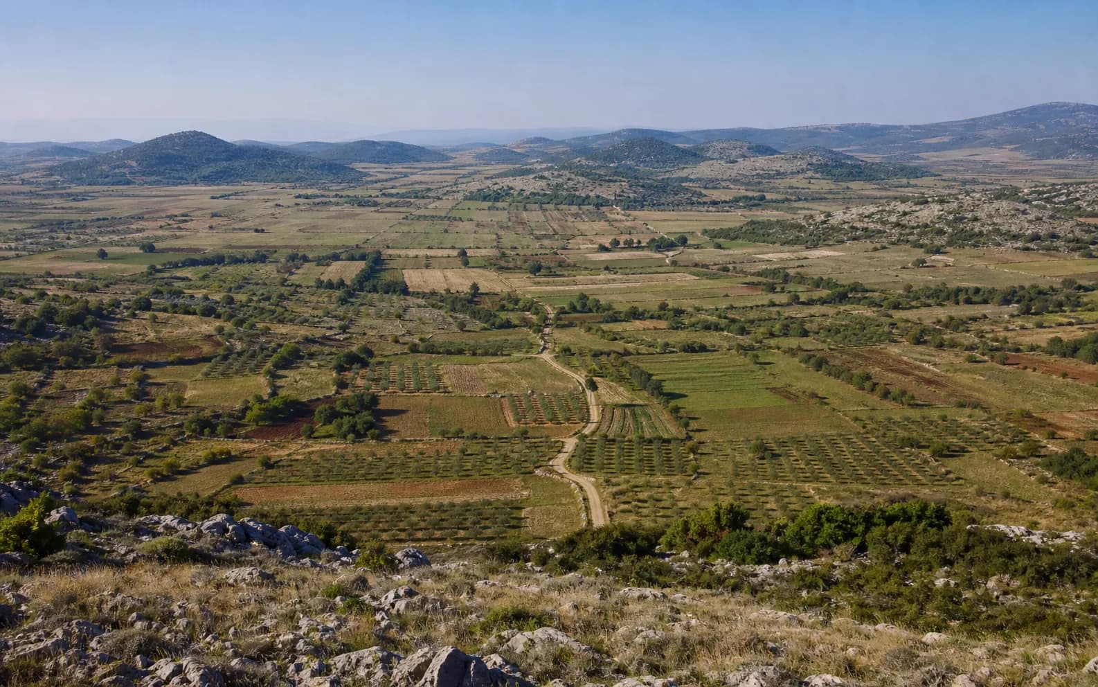 Illustratives Foto für Gornje Biljane, Benkovac: weiter Blick auf eine offene dalmatinische Hinterlandlandschaft.