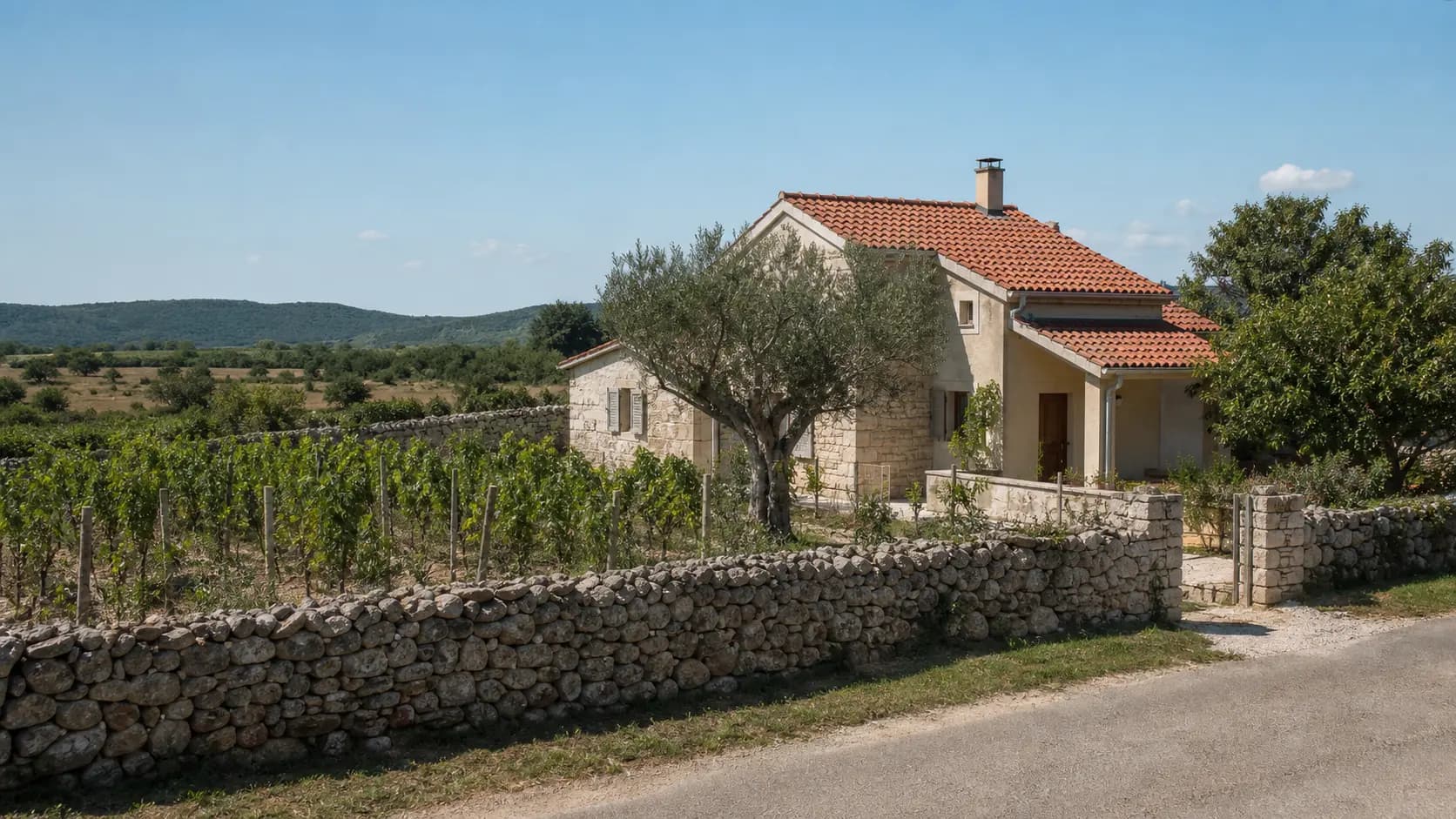 Ilustrativni eksterijer obiteljske kuće uz vinograd i maslinu u ruralnom ambijentu Nadina.