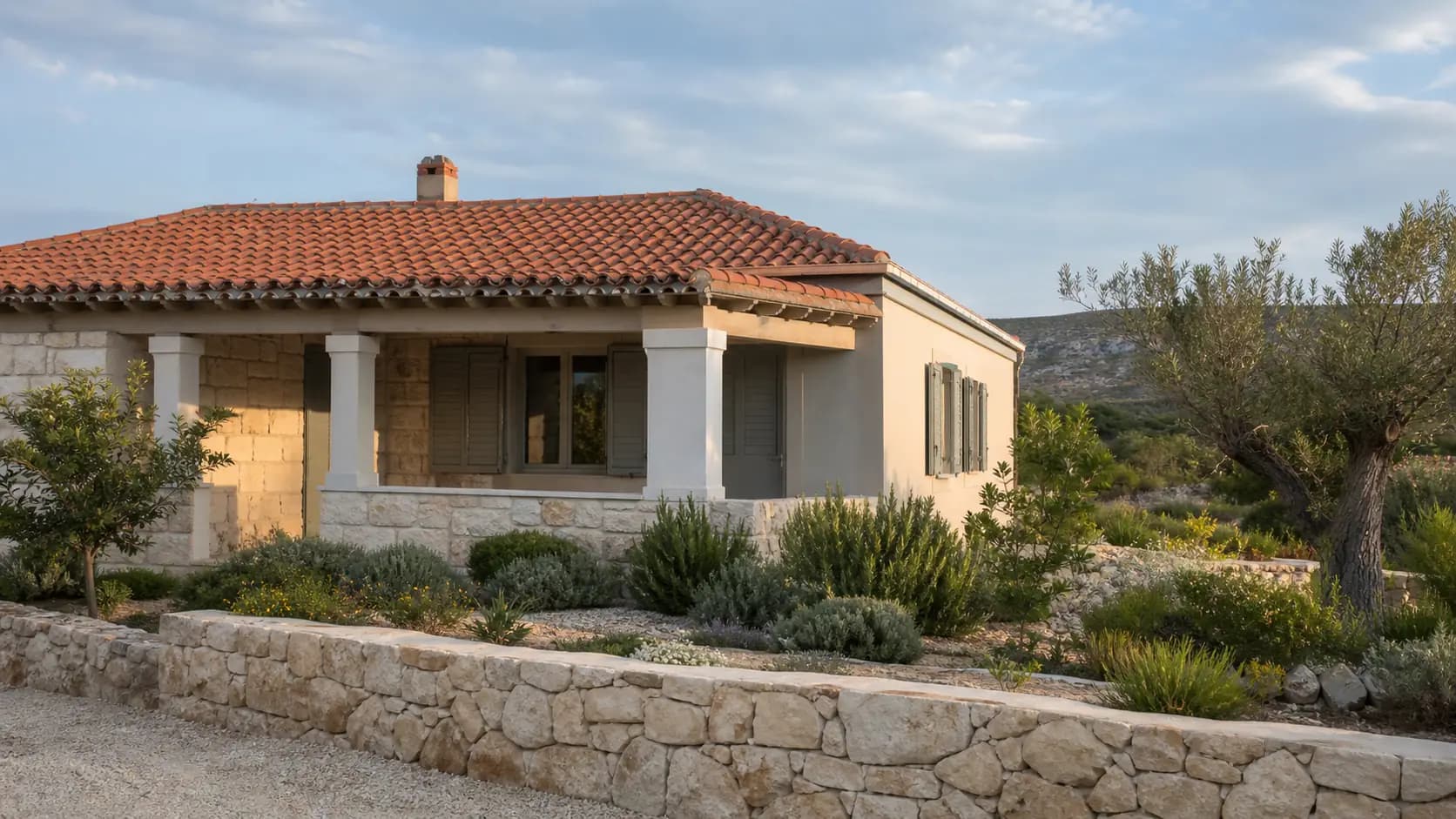 Illustrative residential exterior with an olive tree, stone and Mediterranean greenery in Poljica-Brig.
