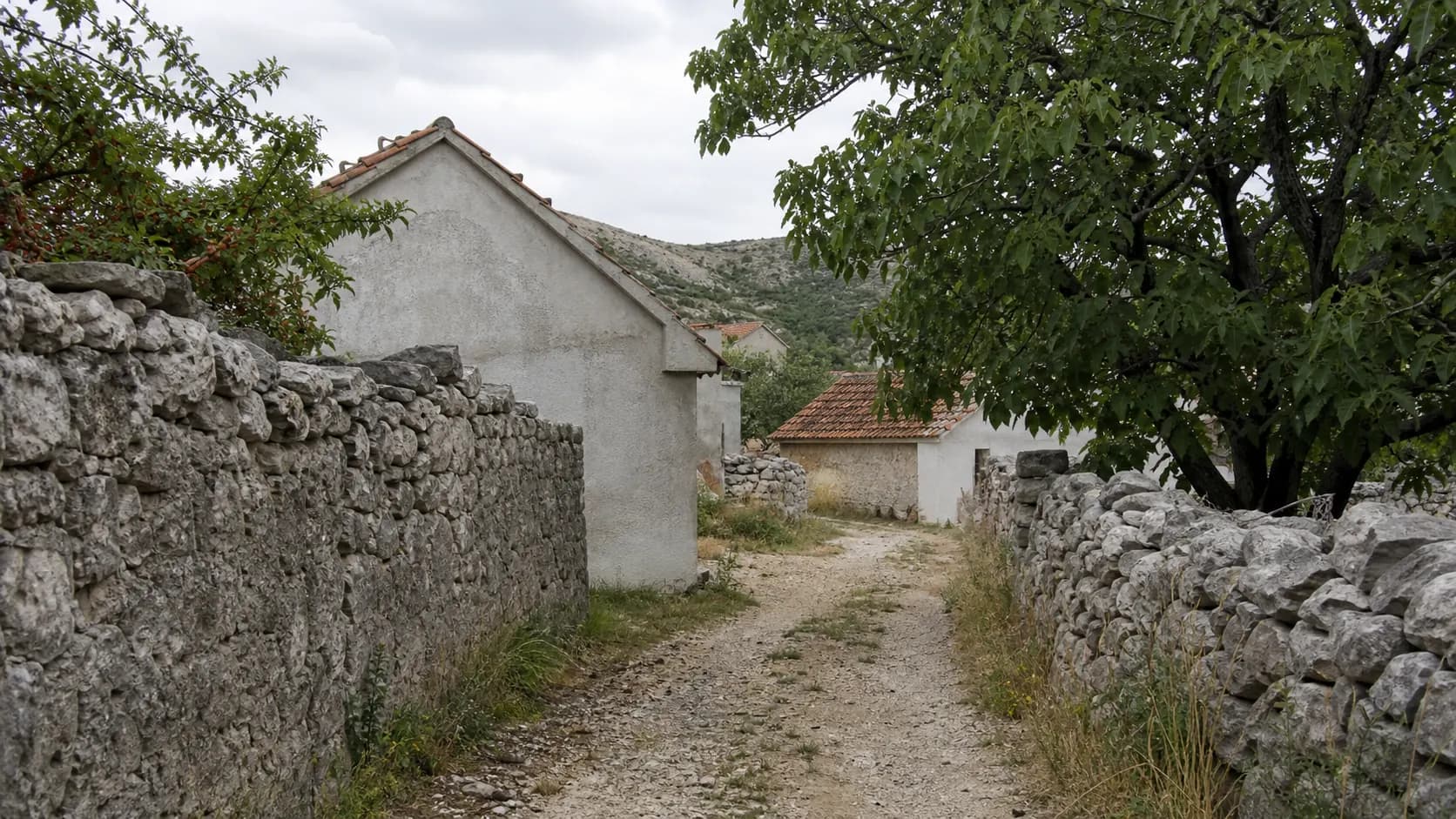 Ilustrativna mirna seoska ulica s kamenim zidovima, skromnim kućama i zelenilom u ambijentu Golubića.