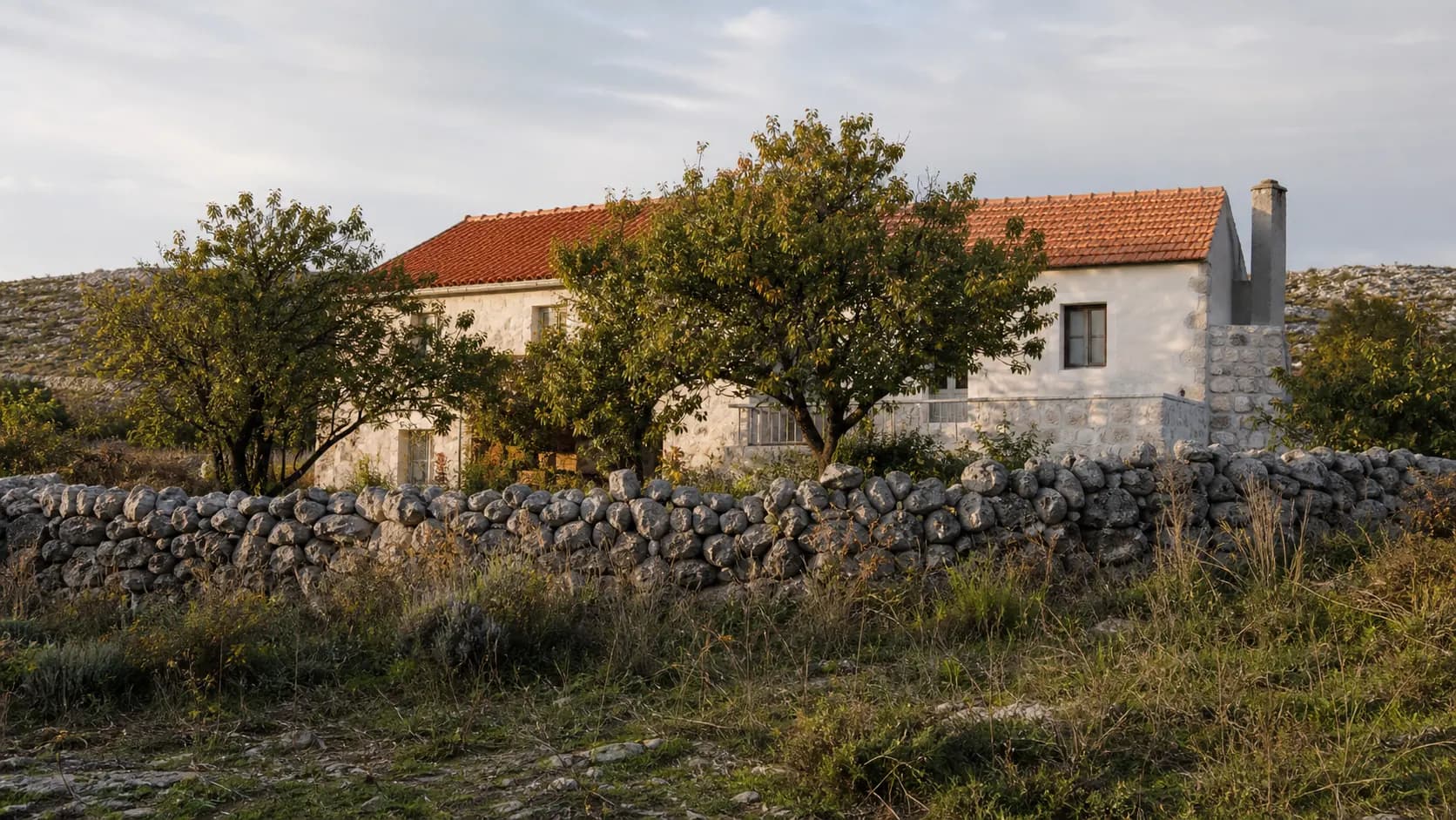 Ilustrativni ruralni stambeni eksterijer sa suhozidom, voćkama i kamenitim zaleđem u ambijentu Golubića.