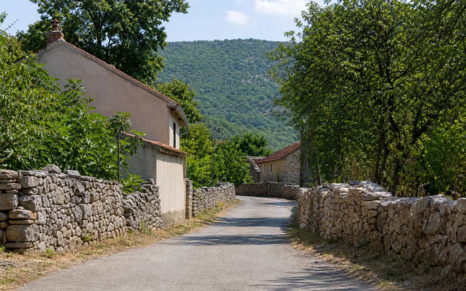 AI-generated illustrative quiet village lane with stone walls, simple homes and a green hillside in the Kaštel Žegarski setting.