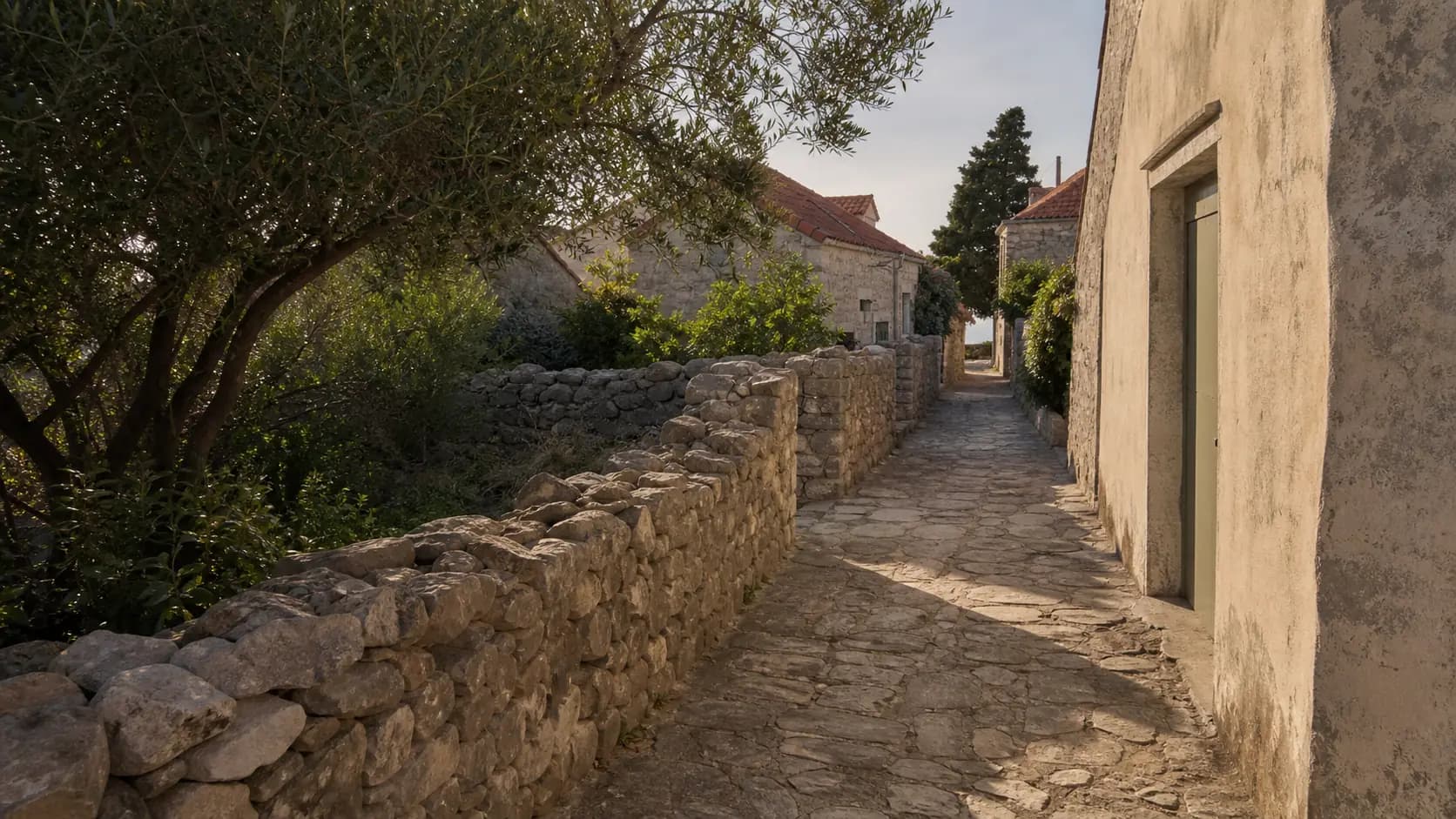 Ilustrativna mirna kamena ulica s mediteranskim kućama i zelenilom u Kraju na Pašmanu.