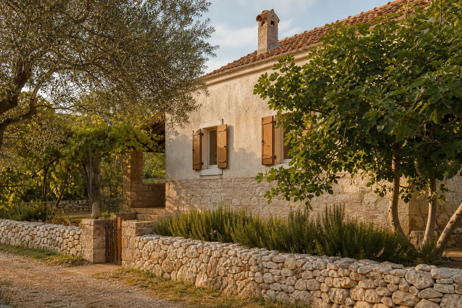 Illustrative photo for Donja Jagodnja, Polača: a residential exterior with stone, earth and greenery.