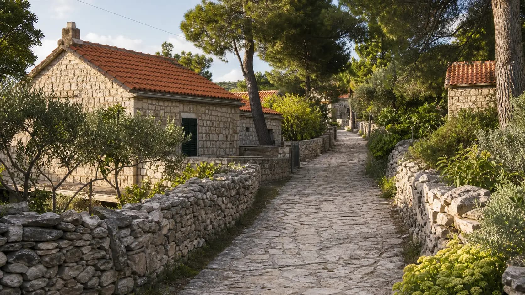 Illustratives Foto für Ošljak, Preko: ruhige Straße zwischen Steinhäusern.