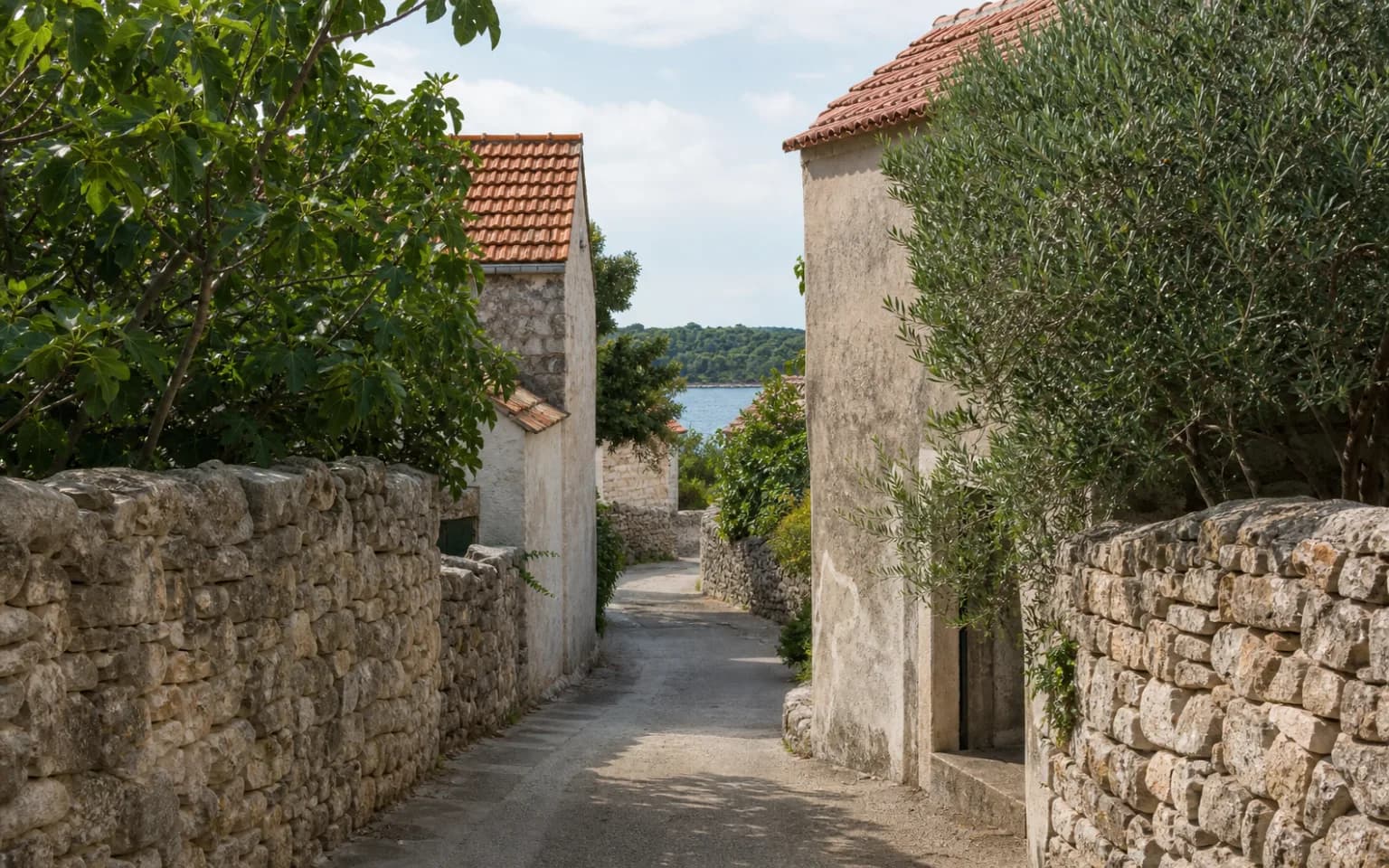 KI-generierte illustrative ruhige Inselgasse mit Steinmauern, schlichten Häusern, mediterranem Grün und Blick zum Meer im Ambiente von Luka.