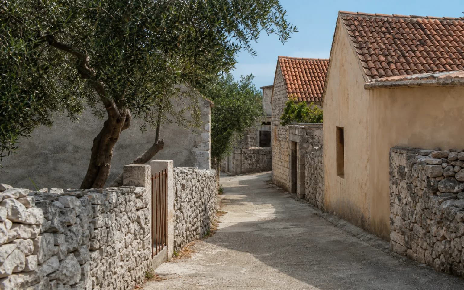 KI-generierte illustrative ruhige Inselgasse mit Steinmauern, alten Ziegeldächern, Olivenbaum und schlichten Häusern im Ambiente von Verunić.