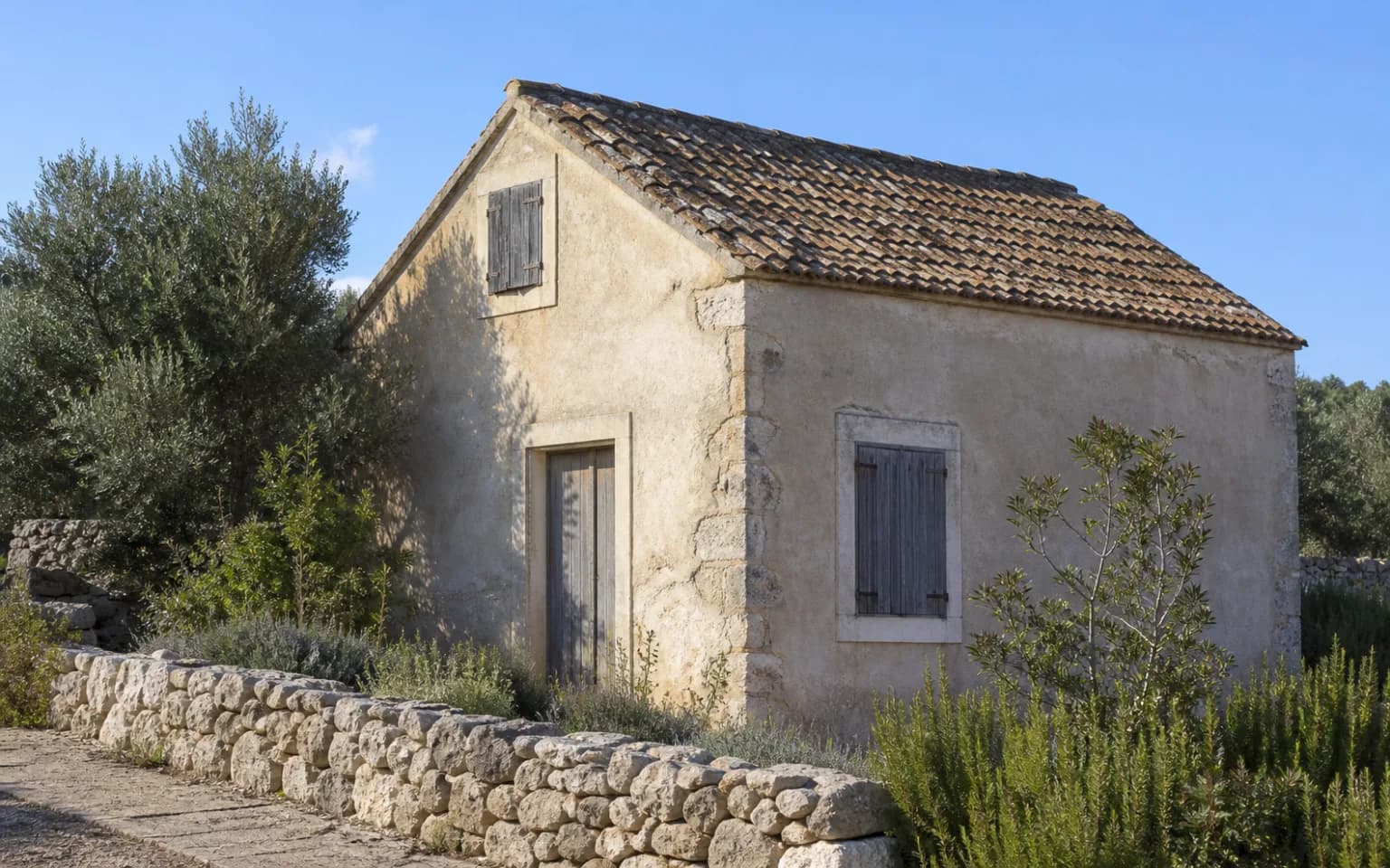 AI-generated illustrative exterior of a modest island home with a weathered beige facade, wooden shutters, a dry-stone wall and natural vegetation in the Zaglav setting.