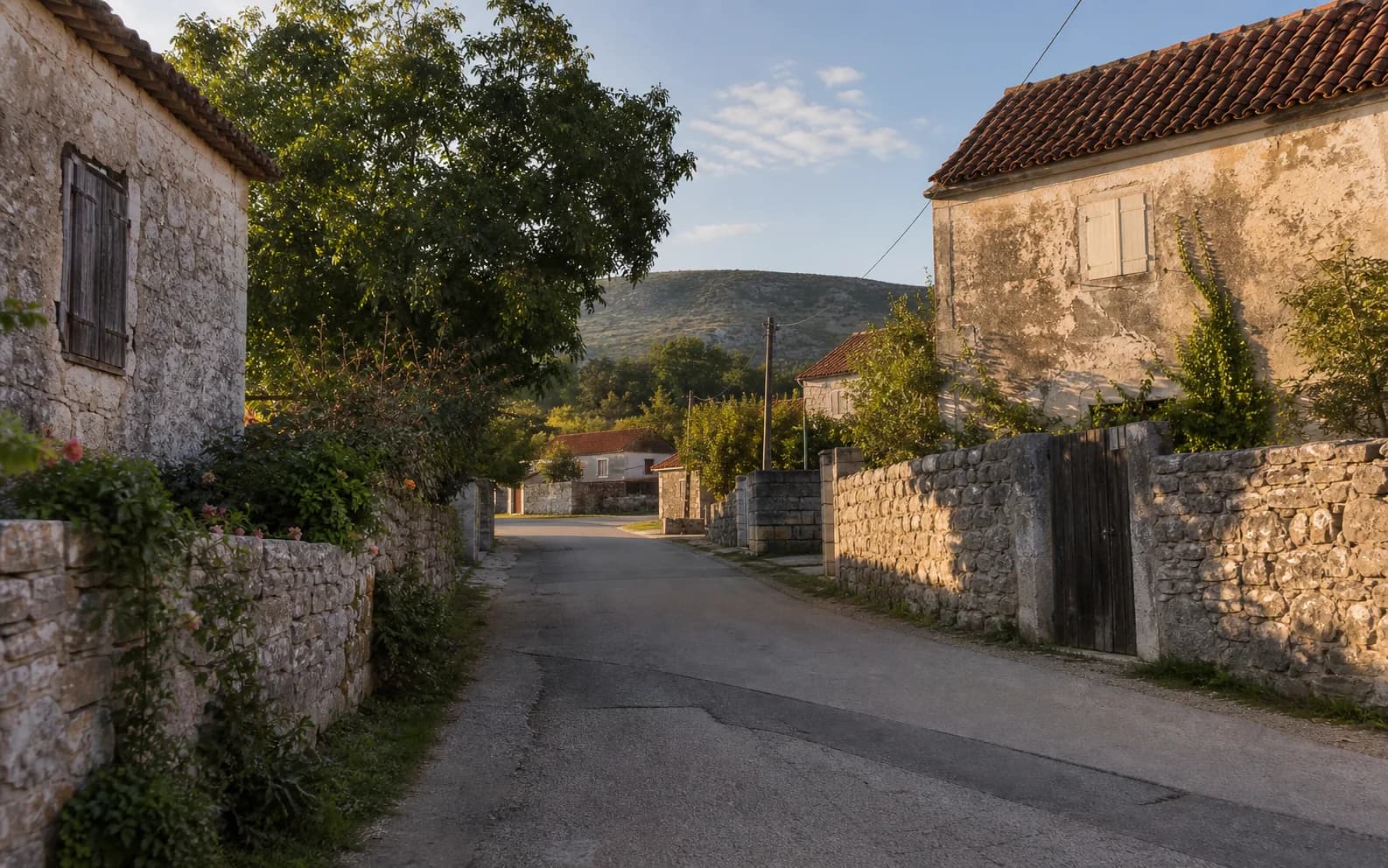 Ilustrativna fotografija za Bila Vlaka, Stankovci: mirna seoska ulica s prirodnim kamenim detaljima.
