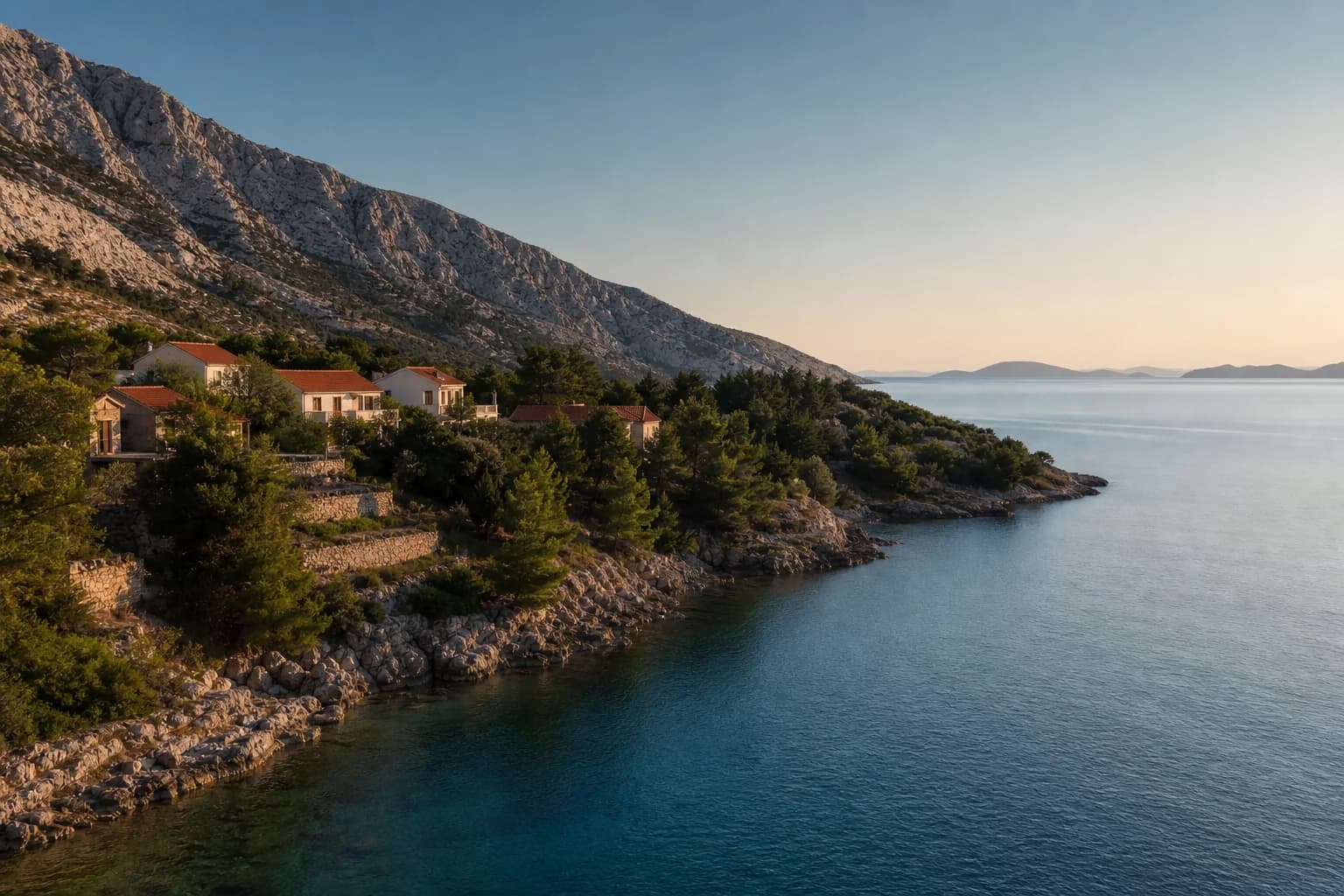 Ilustrativna fotografija za Tribanj, Starigrad: široki pogled na obalu i kamenite padine.