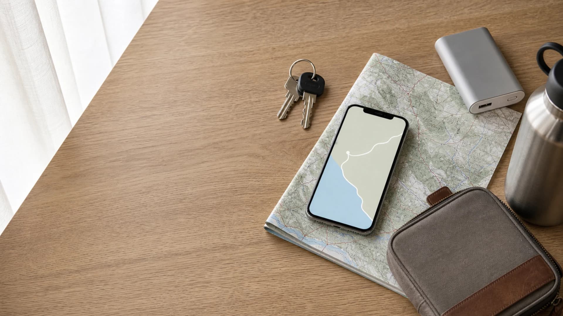 Na neutralnom stolu leže ključevi, napunjen telefon, putni dokumenti bez čitljivih podataka i sklopljena karta