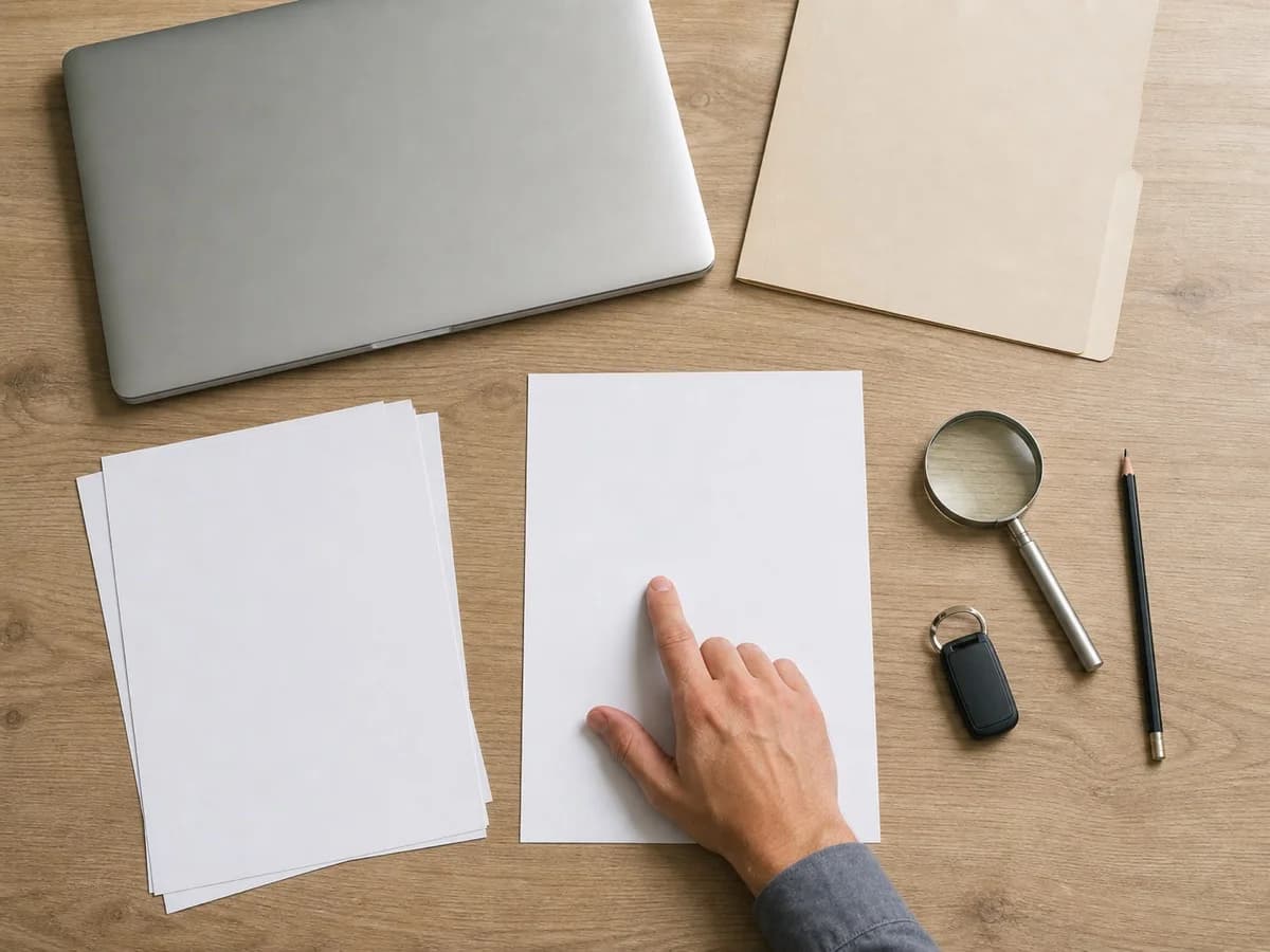 Ilustrativni prizor ruku koje uz bilješke i fascikl provjeravaju dokumente prije kupnje stana.