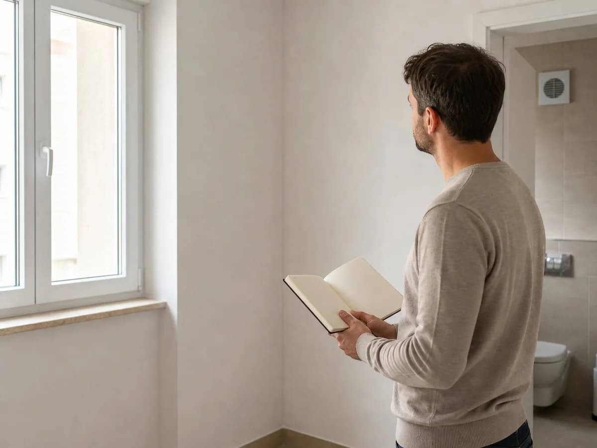 Ilustrativni prizor kupca koji tijekom obilaska bilježi vidljive detalje prozora i zidova u stanu.
