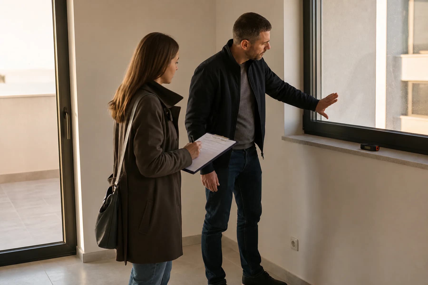 Ilustrativni kupac i građevinski stručnjak bilježe provjere pri primopredaji stana u novogradnji u Zadru.