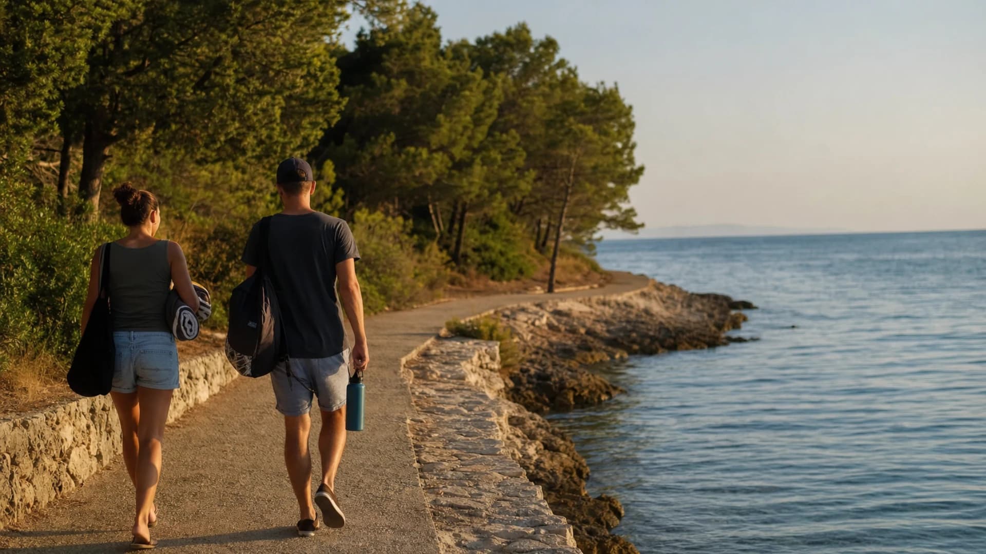 Dvoje ljudi s leđa nosi lagane torbe i ručnik uz generičku obalnu stazu