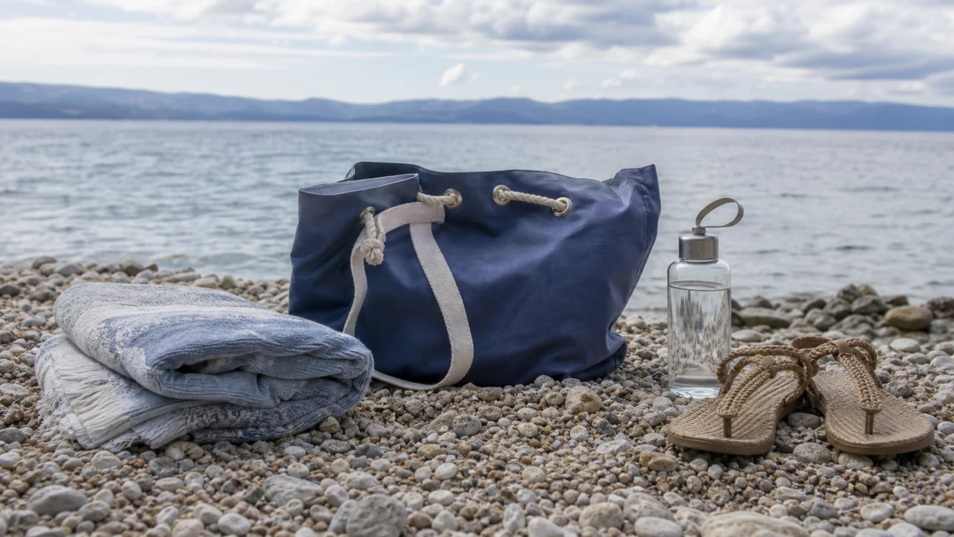 Ručnik, torba, boca vode i sandale na generičnoj obali.