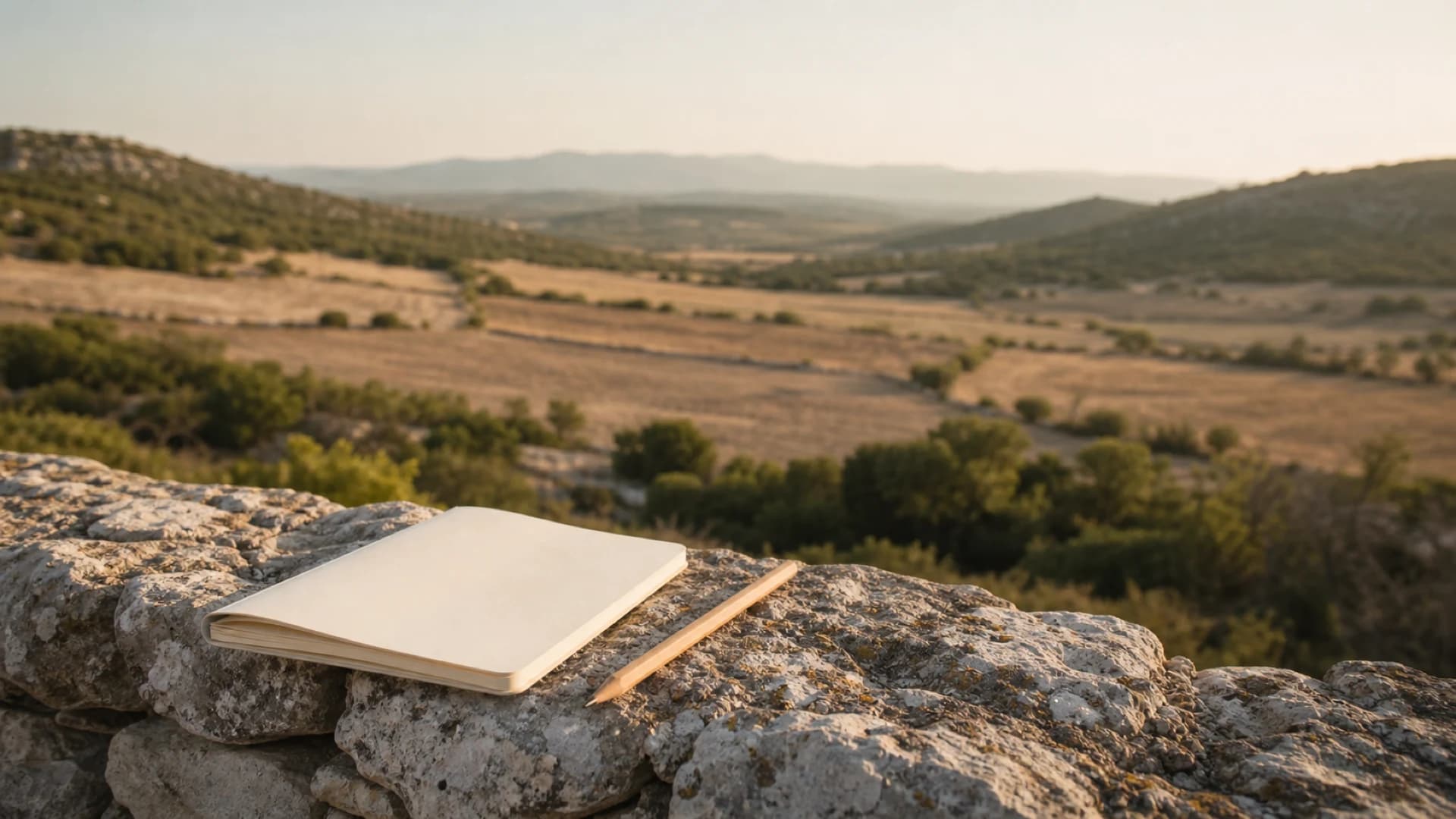 Prazna krem bilježnica i olovka na niskom kamenom zidu uz mutan generički ruralni mediteranski krajolik.