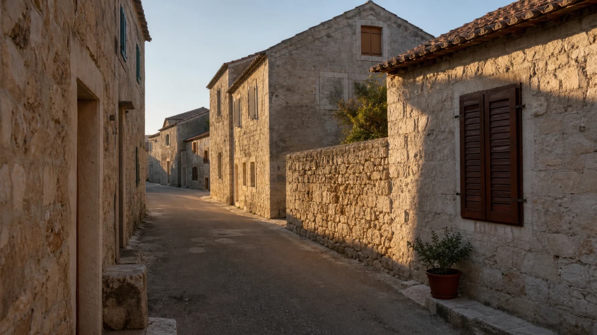 Mirna generička dalmatinska ulica s kamenim kućama i niskim zidovima bez ljudi i oznaka.