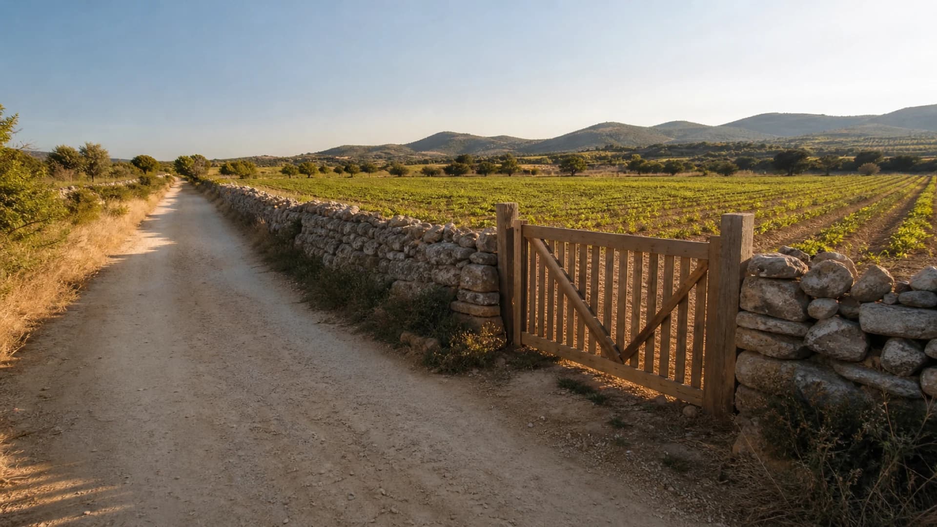 Makadamska cesta uz niski suhozid i obrađenu parcelu sa zatvorenim drvenim vratima bez oznaka.