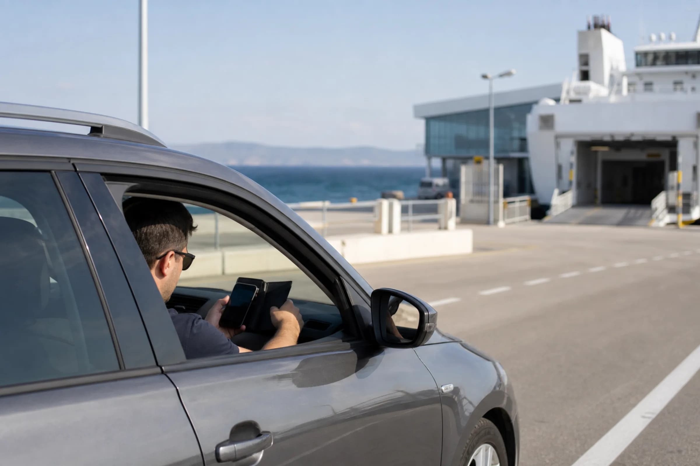 “Automobil u ukrcajnoj zoni Gaženice dok vozač provjerava kartu i podatke za trajektnu vezu.”