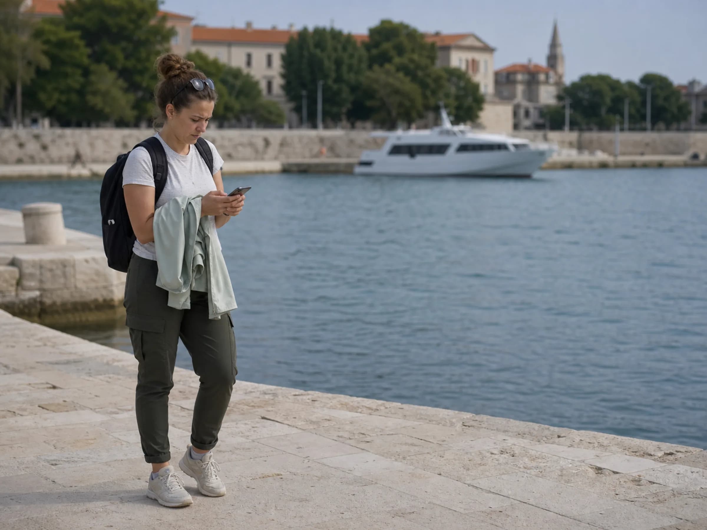 “Pješačka putnica u zadarskoj gradskoj luci provjerava podatke o putovanju prije odlaska prema otoku.”