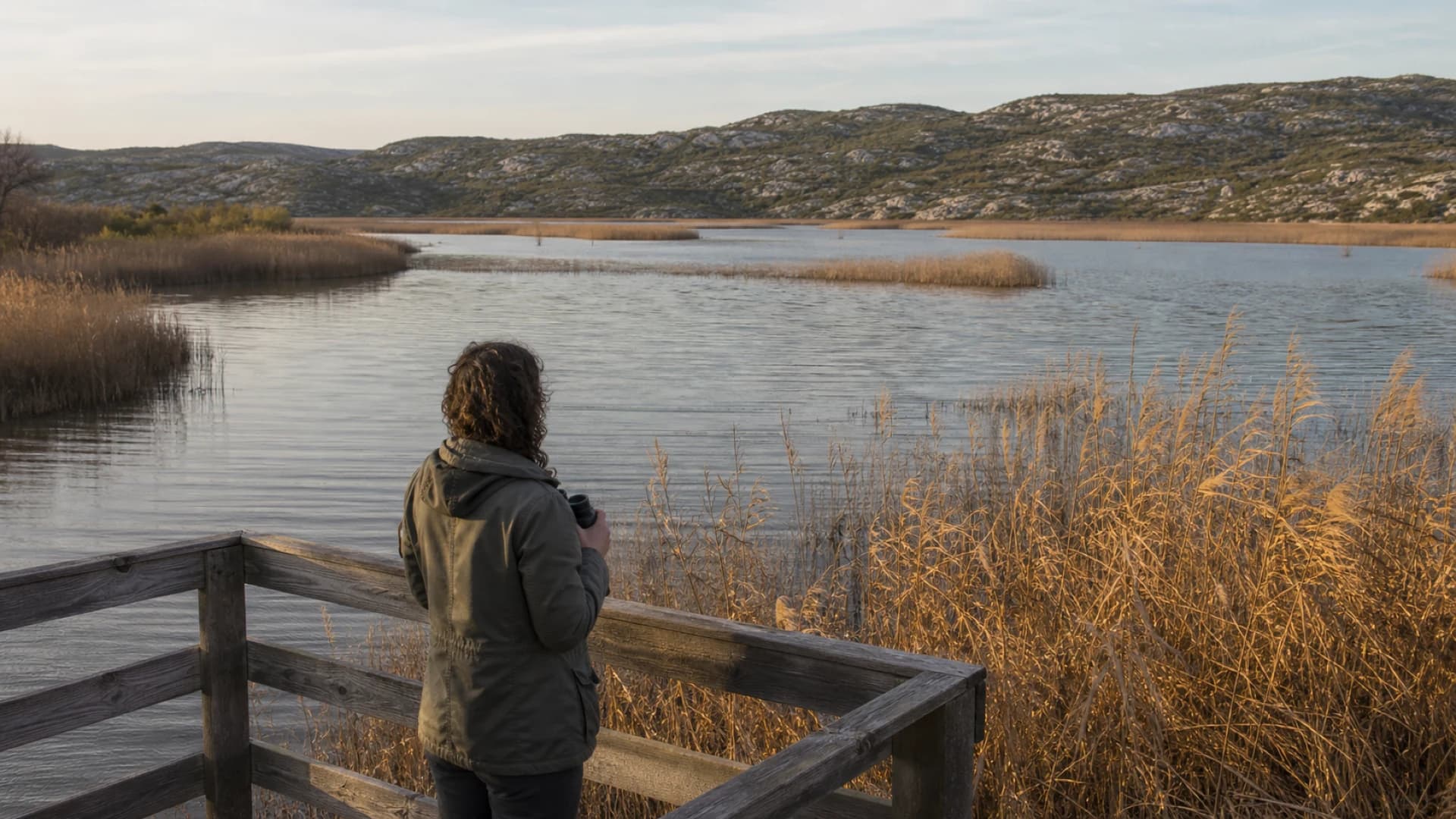 Osoba s leđa drži dalekozor na drvenoj promatračnici uz trsku i ilustrativno jezero.
