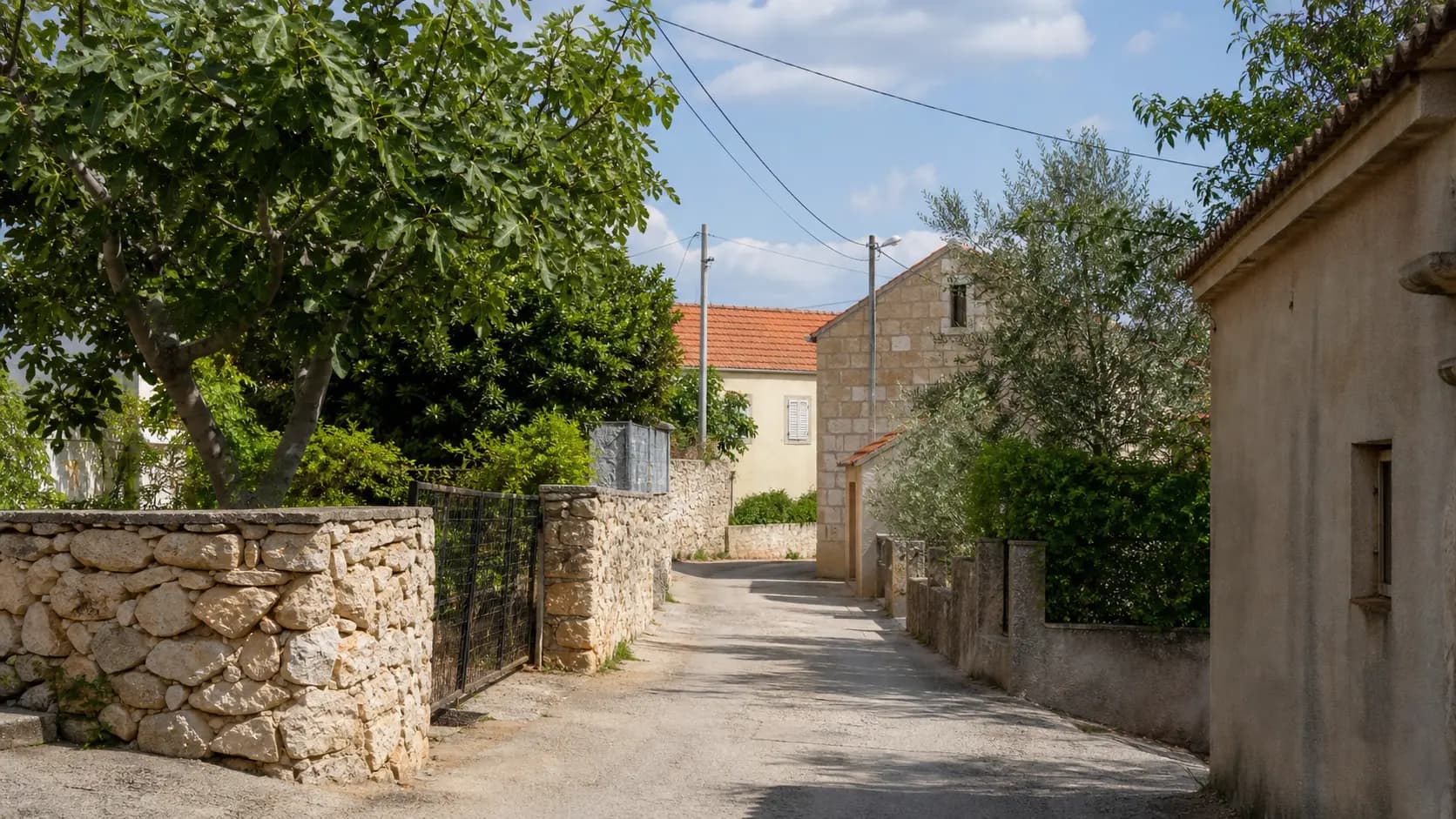 Illustrative village lane in Benkovačko Selo, with stone homes, tiled roofs and Mediterranean greenery.