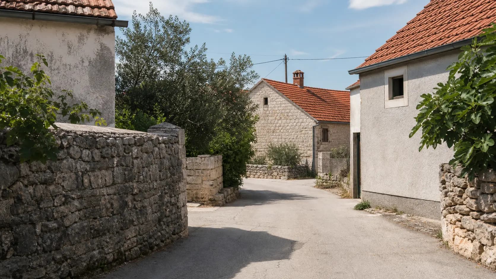Illustrative quiet village lane with stone walls, white homes, red roofs and fig trees in the Dobra Voda setting.