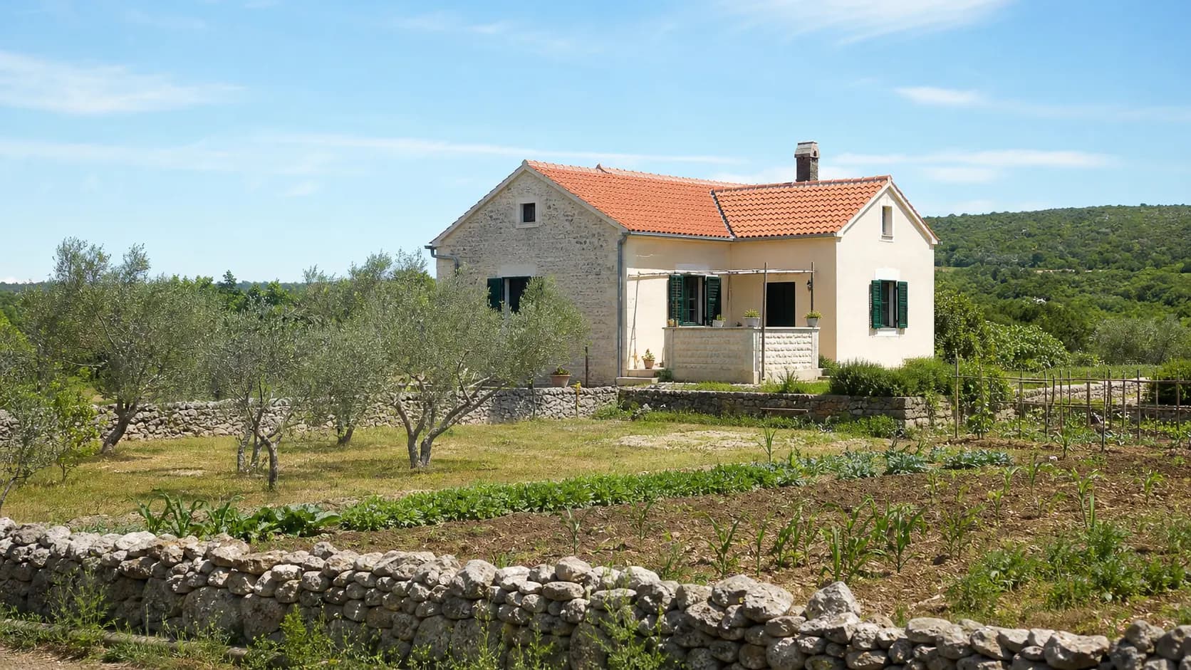 Illustrative family-home exterior with olive trees, a vegetable garden and a stone wall in Donje Biljane’s rural setting.