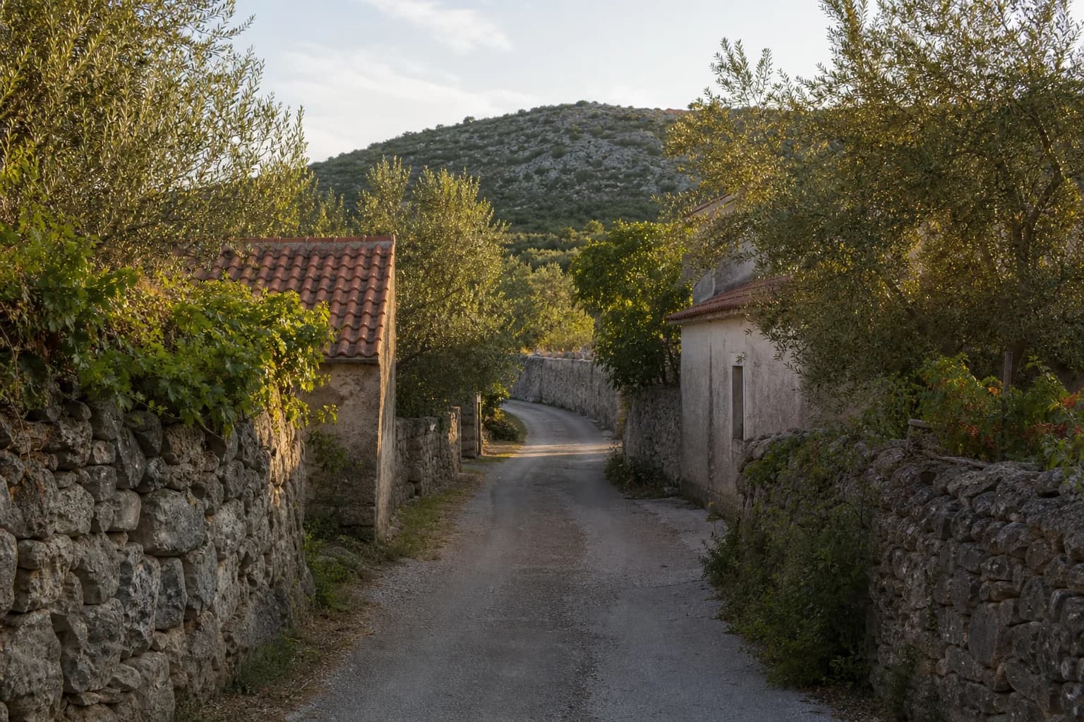 AI ilustrativna seoska ulica uz nepravilne suhozide, masline i skromne kuće u ambijentu Korlata.
