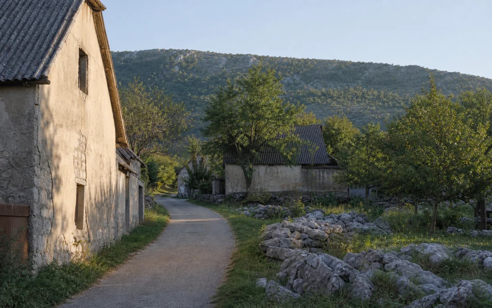 Illustrative photo for Donja Suvaja, Gračac: a quiet settlement street in a hilly setting.