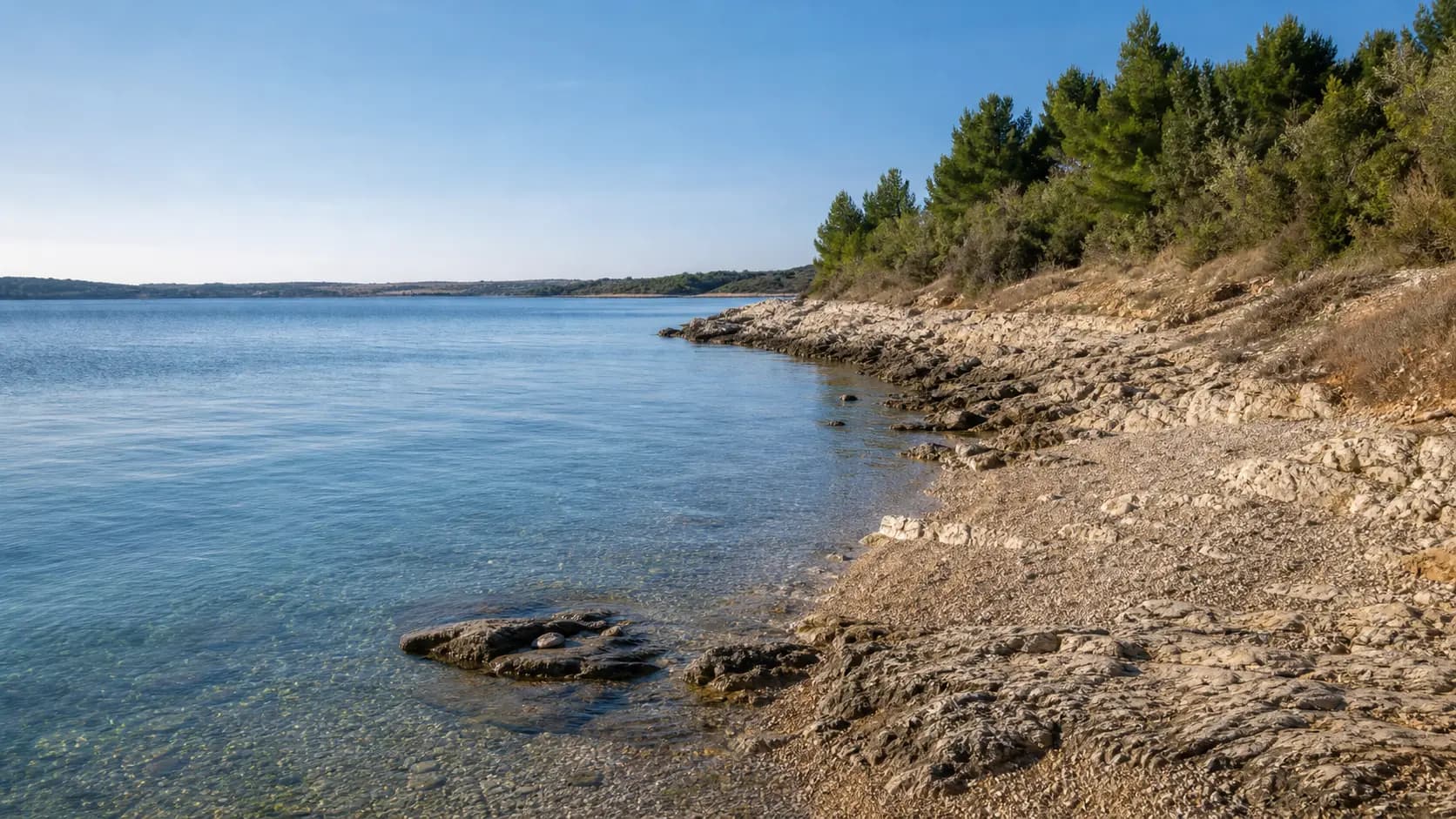 AI ilustrativni prikaz mirne kamenite obale i mediteranskog raslinja u lokalnom kontekstu Zatona.
