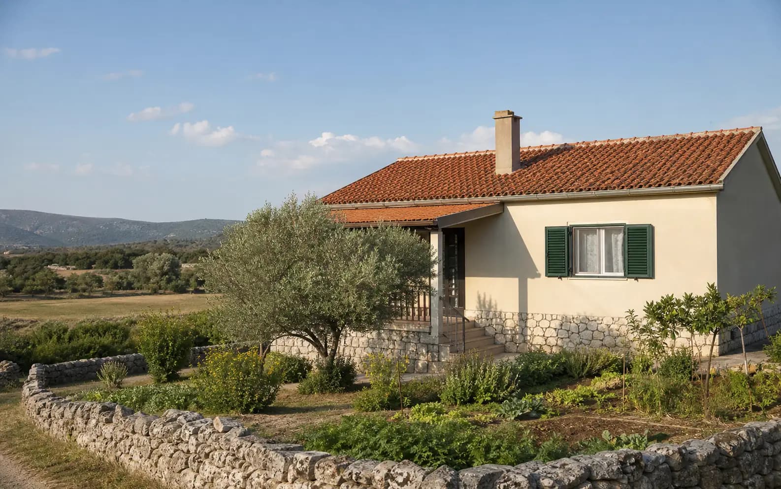 Illustrative photo for Paljuv, Novigrad: a residential exterior with stone, earth and greenery.