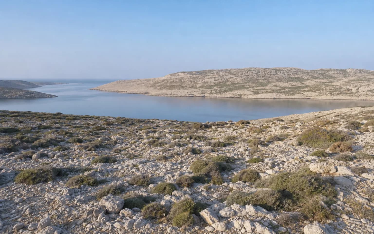 AI-generated illustrative wide view of karst island terrain, low Mediterranean vegetation and a calm inlet in the Košljun setting.