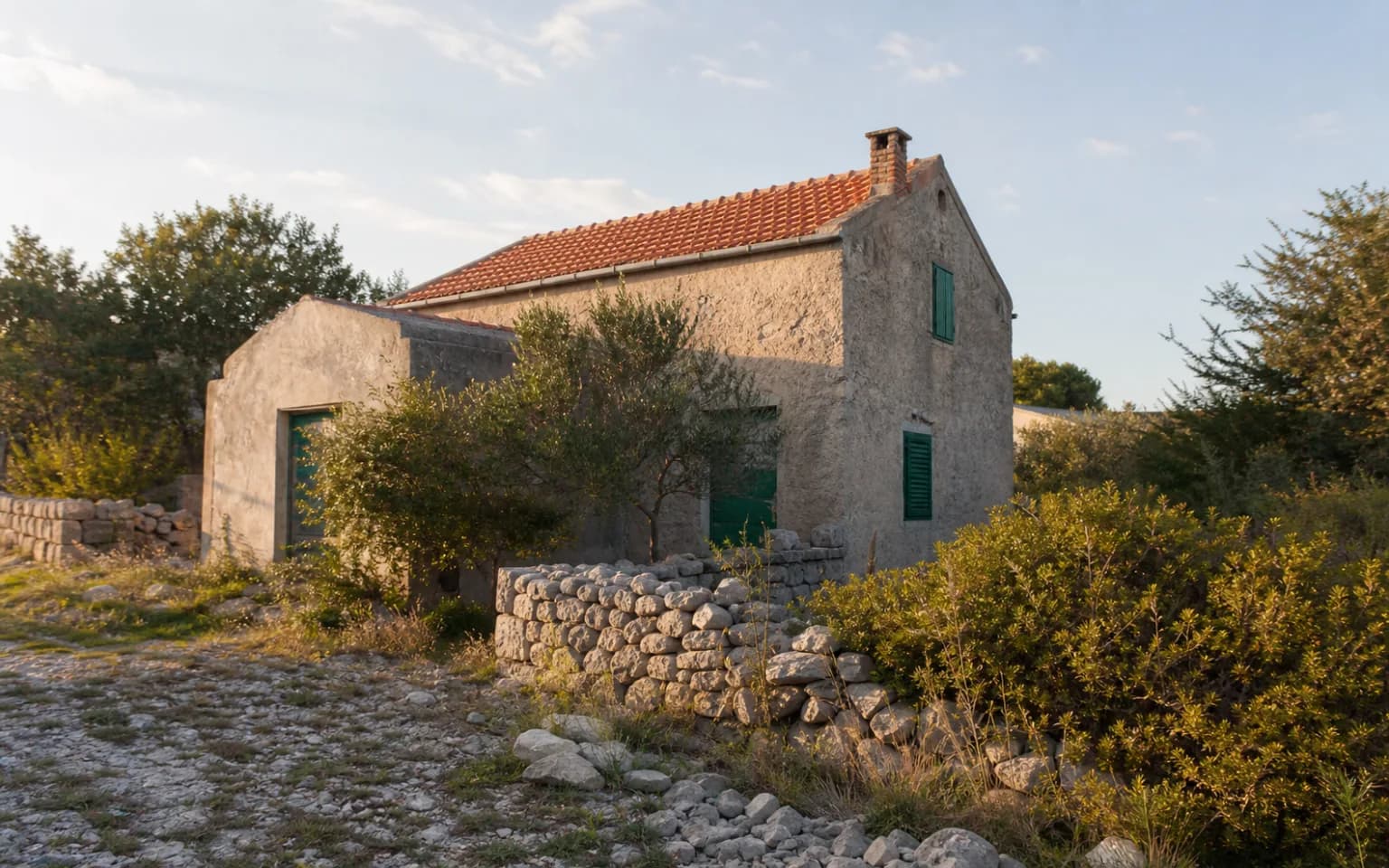 AI-generated illustrative exterior of a modest island home with a low stone wall and native shrubs in the Košljun setting.