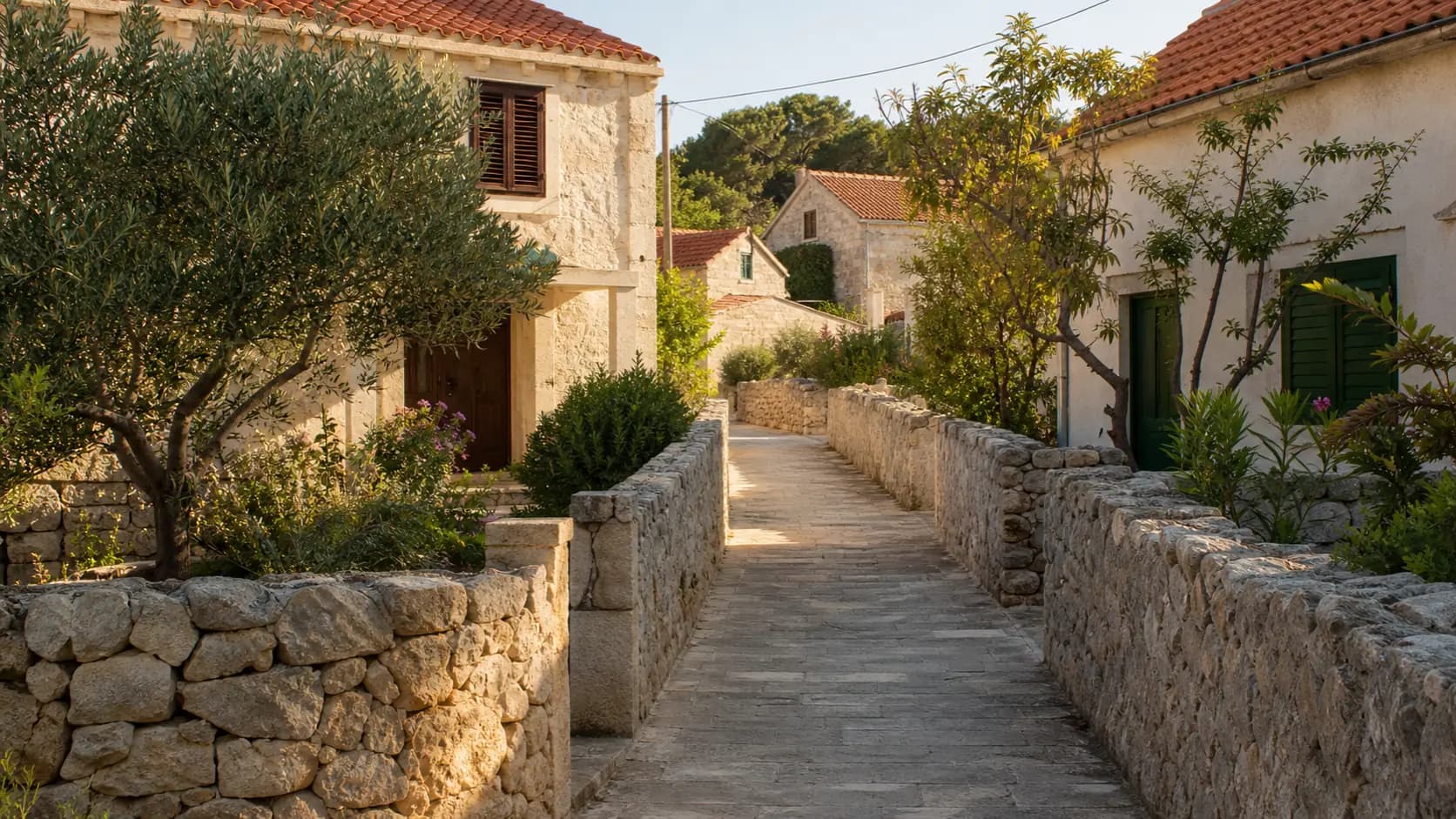 Ilustrativna mirna kamena ulica s mediteranskim kućama i zelenilom na području Vrgade.