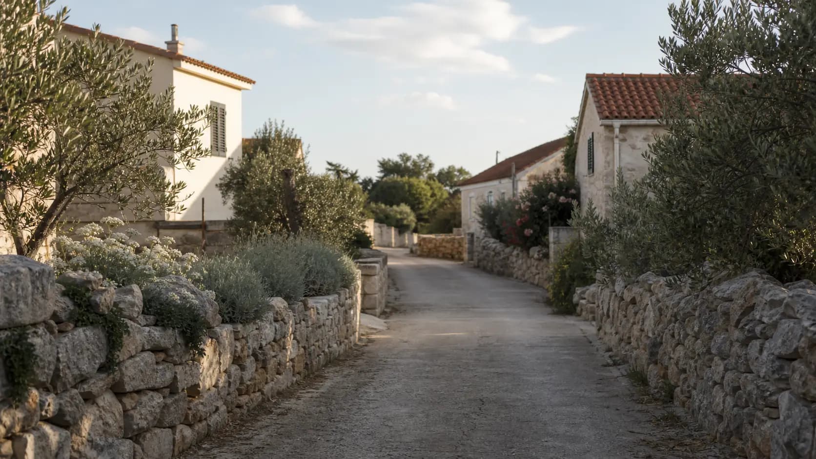 Ilustrativna mirna ulica s kamenim zidovima, mediteranskim kućama i maslinama u Barotulu.