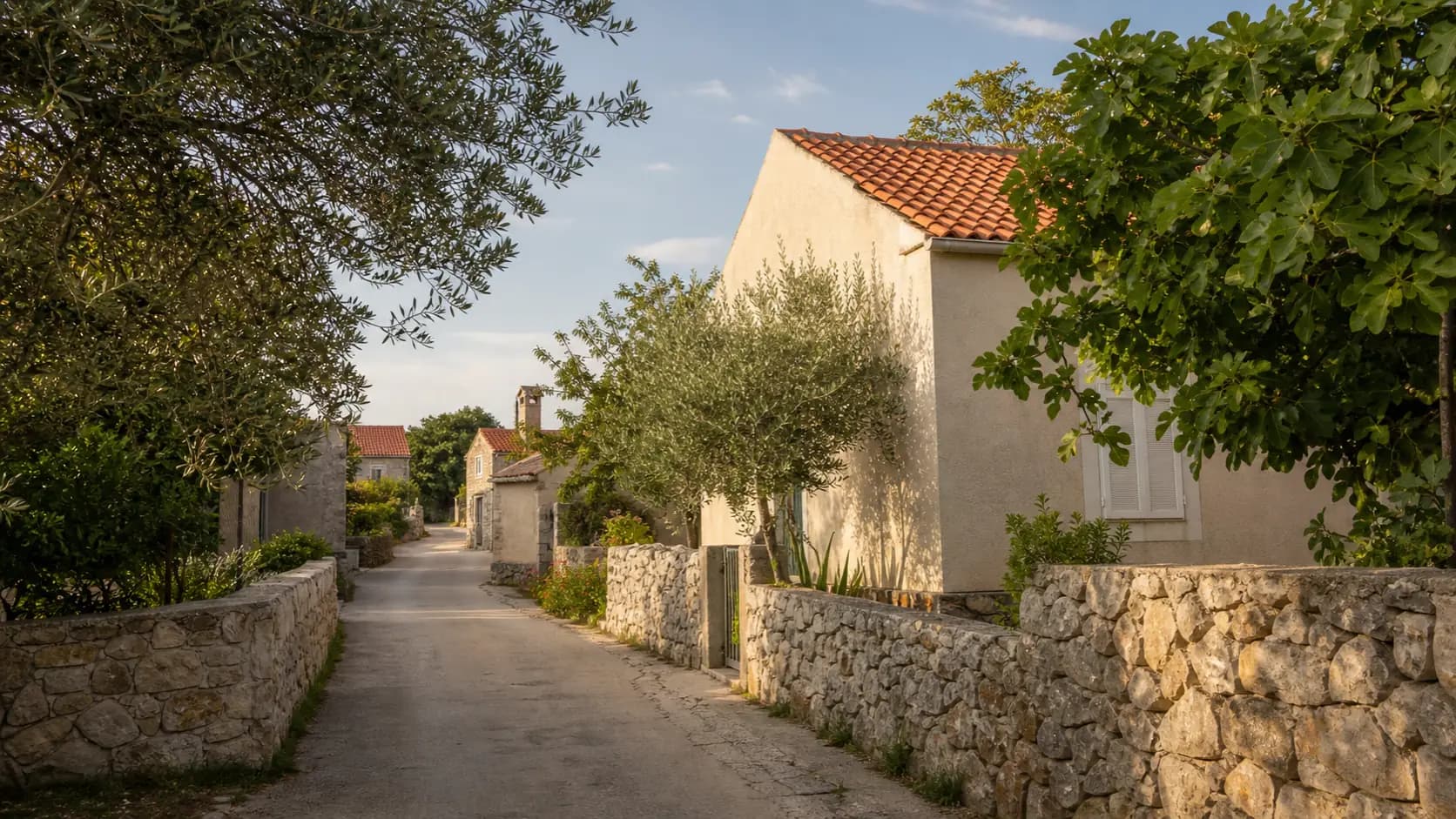 Ilustrativna mirna ulica s kamenim zidovima, mediteranskim kućama i zelenilom — Mrljane, Pašman.