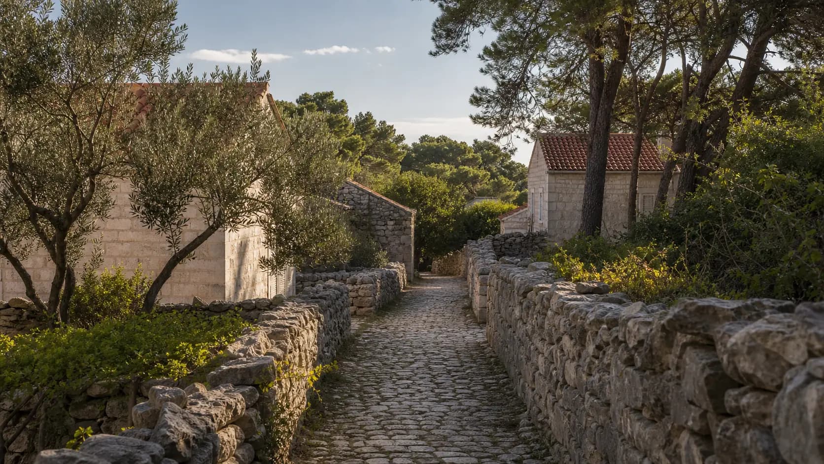 Illustratives Foto für Rivanj, Preko: ruhige Straße zwischen Steinhäusern.