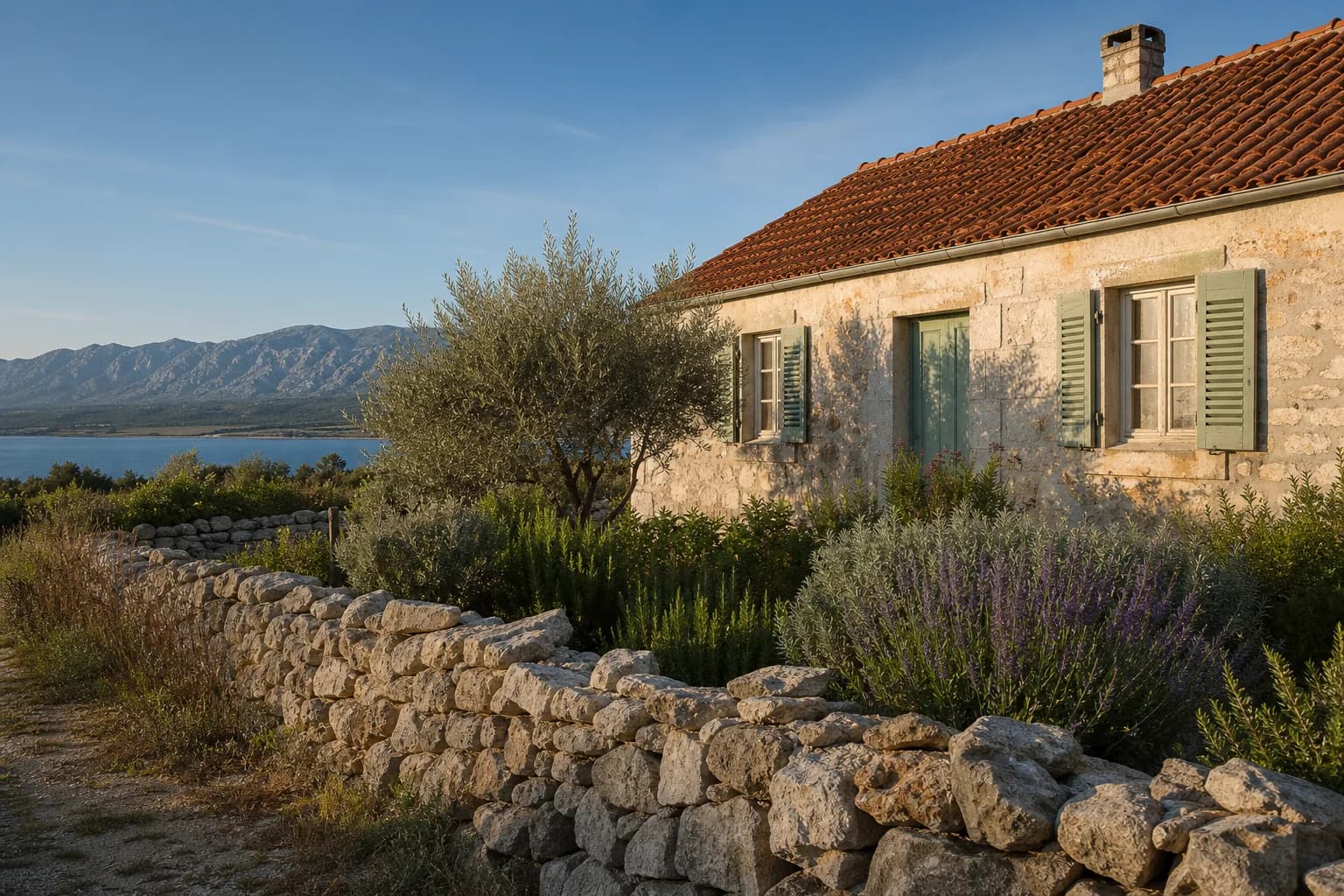 AI-generated illustrative exterior of a modest Dalmatian home beside an olive tree, dry-stone wall, shoreline and Velebit in the Ljubač setting.