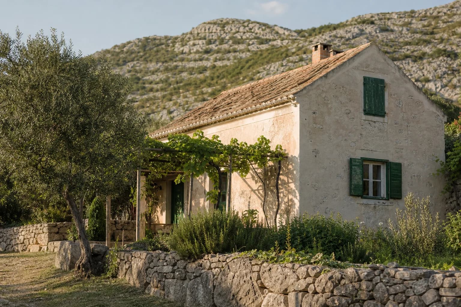 AI-generated illustrative exterior of a modest Dalmatian home beside an olive tree, grapevine, rosemary and a karst hillside in the Radovin setting.