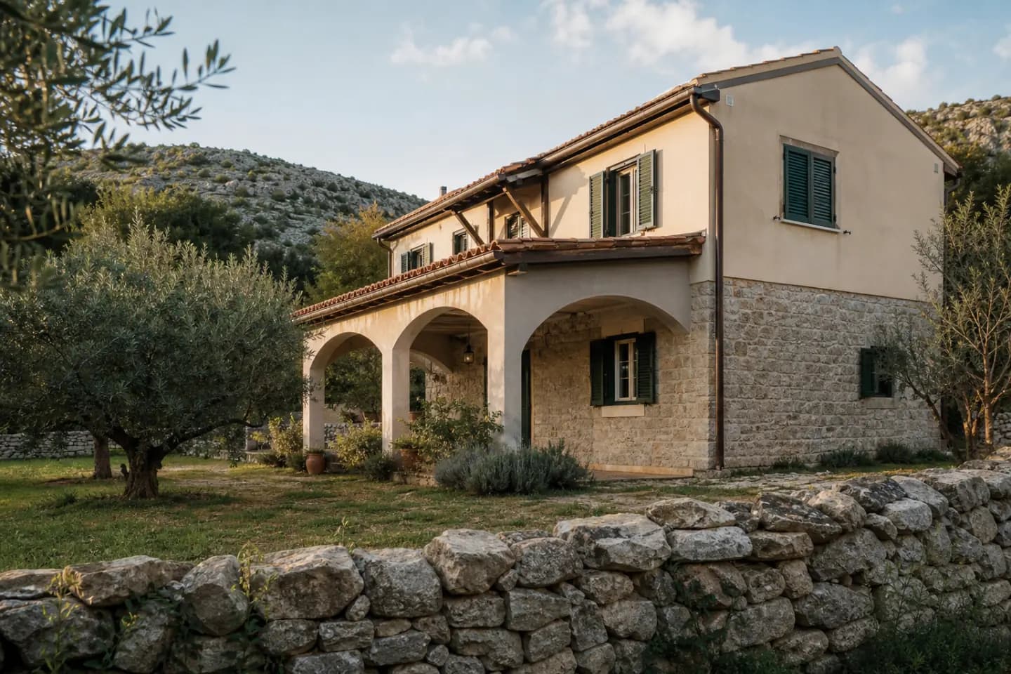 Illustrative residential exterior with olive trees, natural stone and karst hinterland in Glavica.
