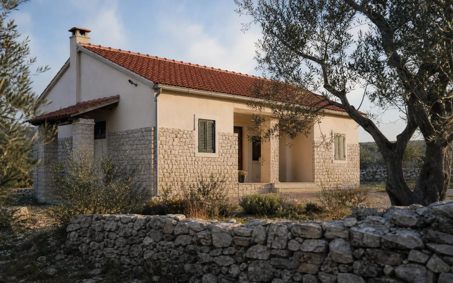 Illustrative photo for Crno, Zadar: a residential exterior with stone, earth and greenery.