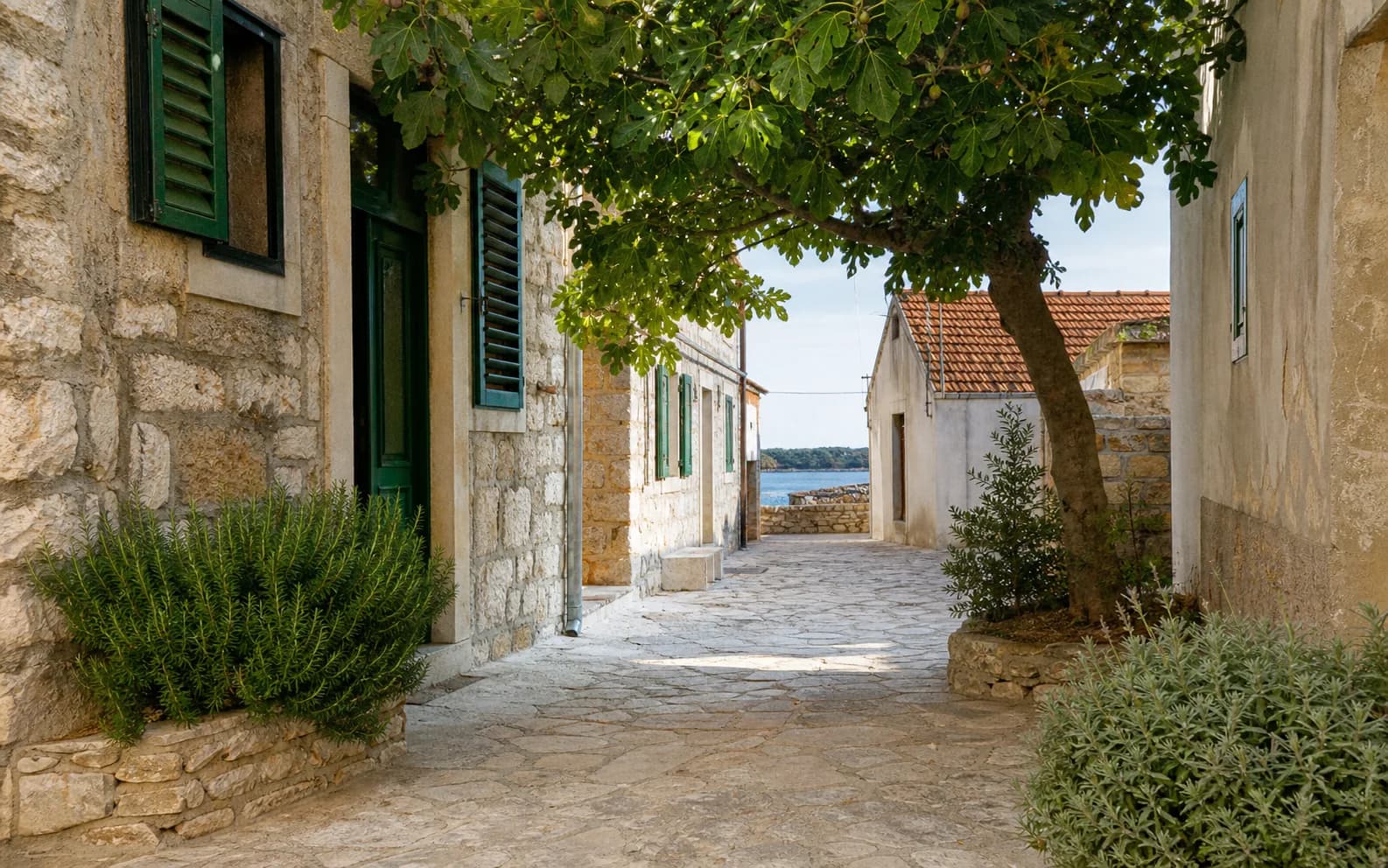 Illustratives Foto für Veli Iž, Zadar: ruhige Straße zwischen Steinhäusern.